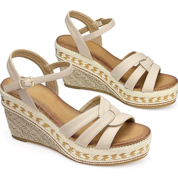 Espadrille Wedge Platform Sandals Sz 9 41 Cream Faux Leather Buckle Ankle Strap - Picture 2 of 16